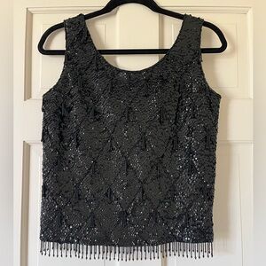 Vintage 60s Black Shiny Beaded Fringed Tank Top 100% Wool Size Small Flapper